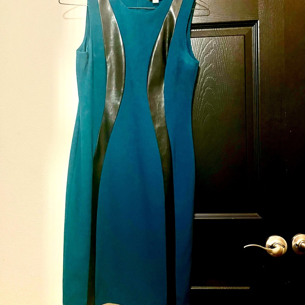 Sassy Calvin Klein Dress- beautiful dark teal, black genuine leather.